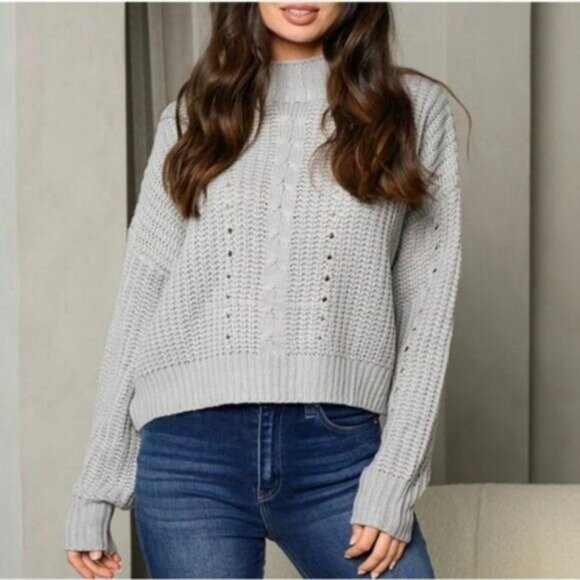 Light Grey Long Sleeve Mock Neck Trendy Knit Sweater-NEW-SIZE: LARGE - Picture 6 of 6